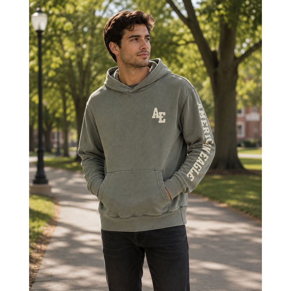 American Eagle Mens Size XS Charcoal Gray Logo Pullover Hoodie Spellout Sleeve